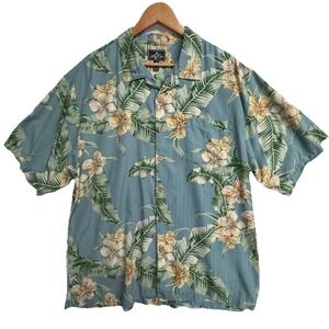 Bermuda Bay Silk Hawaiian Shirt XL Blue Floral Tropical Camp Aloha Mens